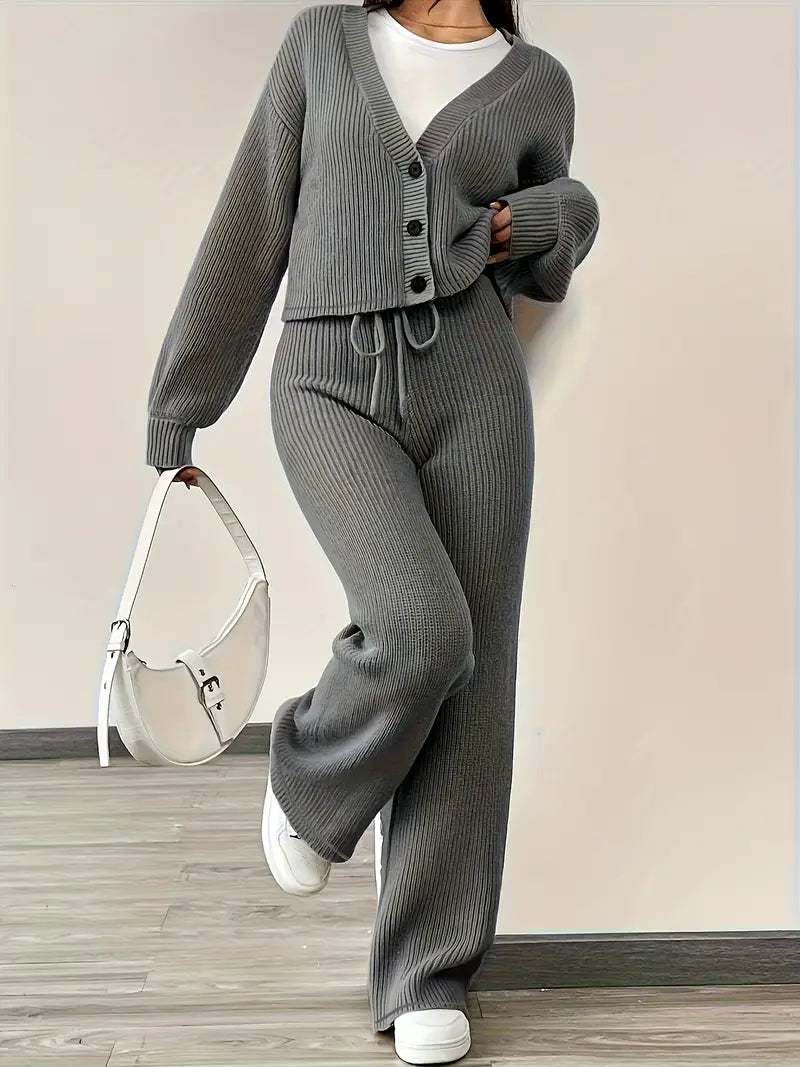 Knit V-Neck Cardigan & Wide Leg Pants Set - Casual Tracksuit