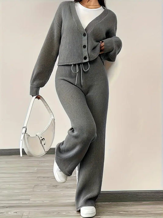 Knit V-Neck Cardigan & Wide Leg Pants Set - Casual Tracksuit