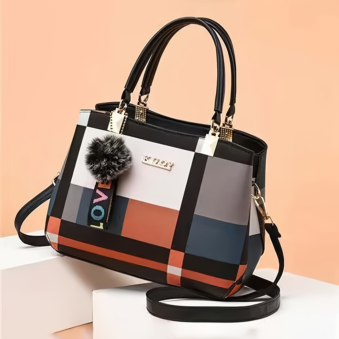 Small Plaid Handbag with Pom-Pom (Multi-Layer)