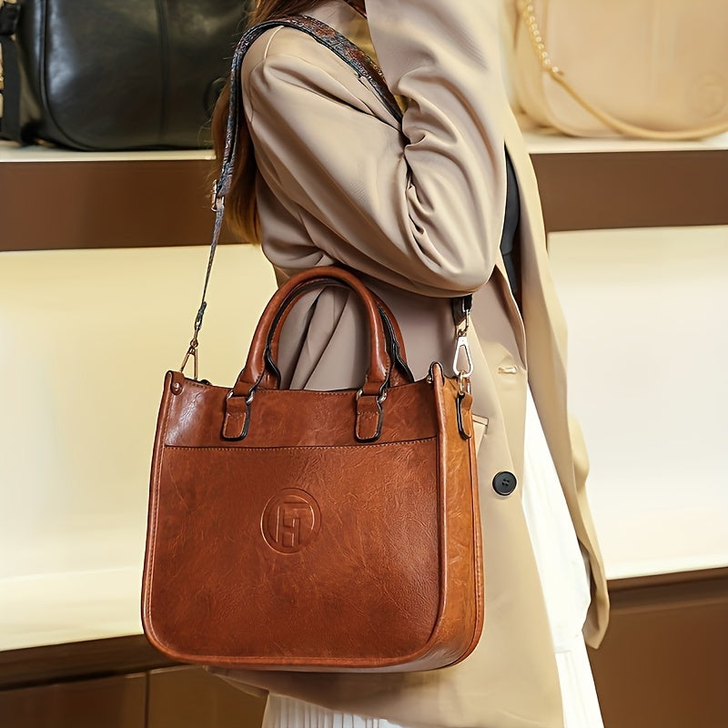 Retro Solid Color Handbag with Wide Boho Strap