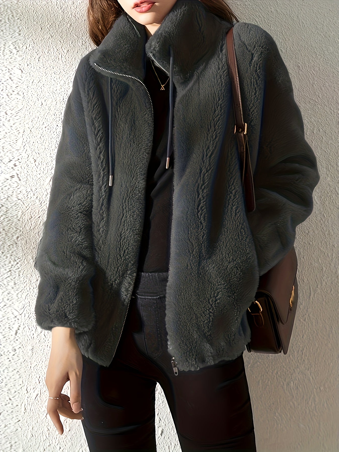 Solid Color Plush Zip-Up Knit Warm Casual Coat