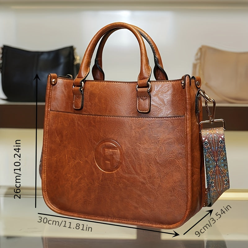 Retro Solid Color Handbag with Wide Boho Strap