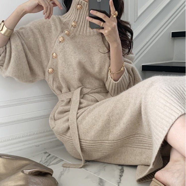 Elegant High Collar Knit Dress