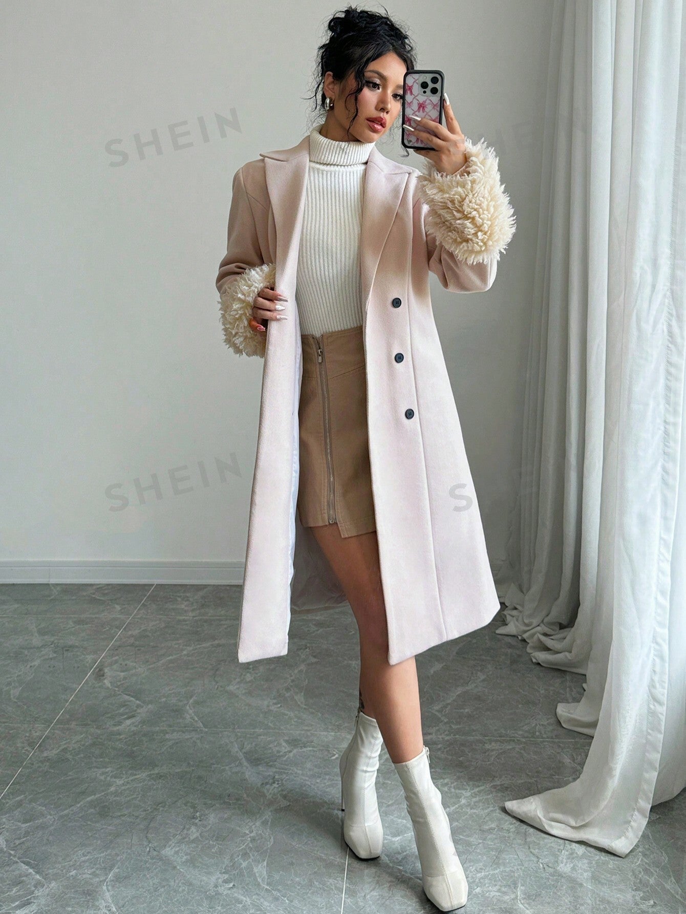 Elenzya Women's Furry Cuff Waist Wool Blend Coat