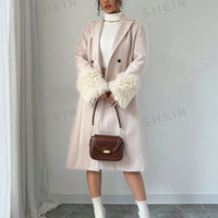 Elenzya Women's Furry Cuff Waist Wool Blend Coat