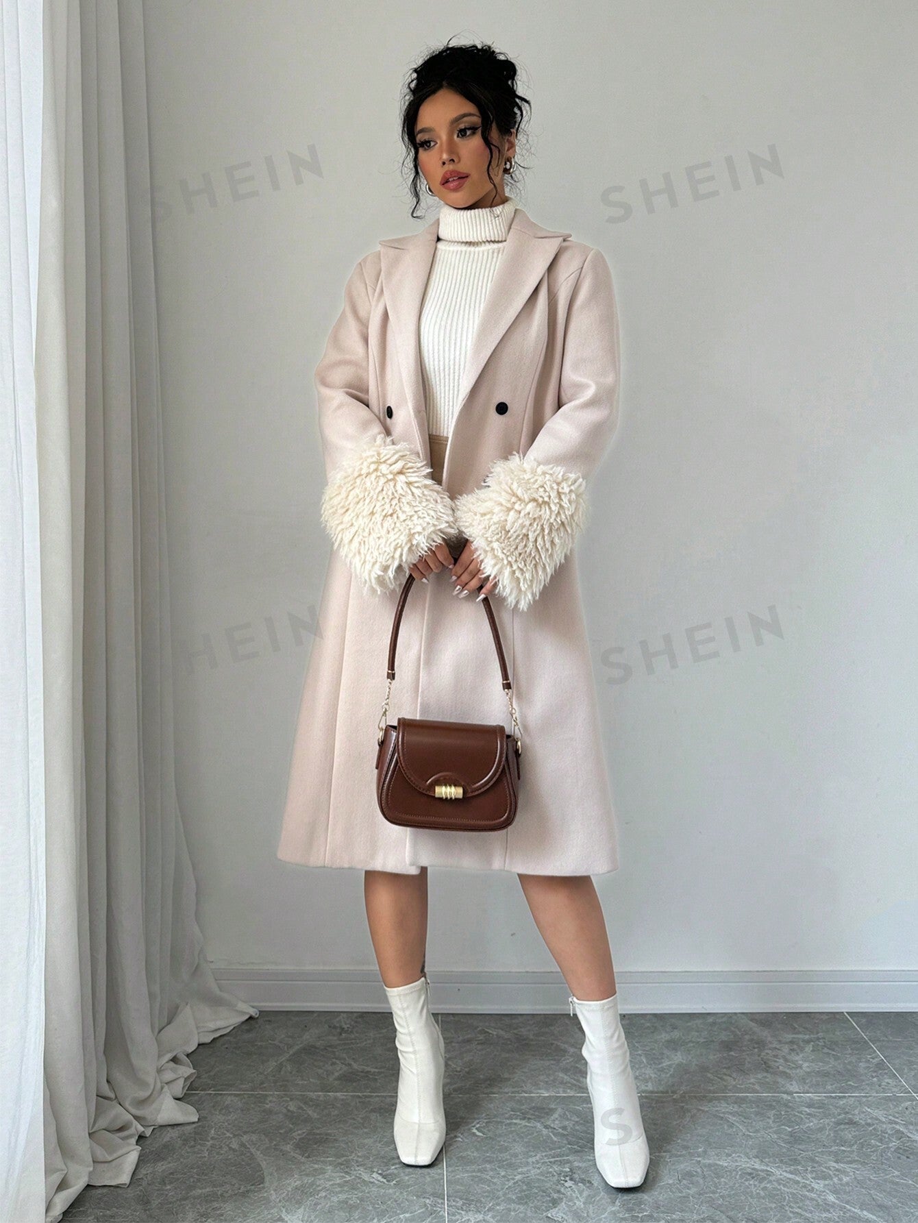 Elenzya Women's Furry Cuff Waist Wool Blend Coat