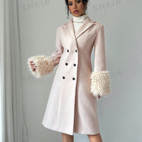 Elenzya Women's Furry Cuff Waist Wool Blend Coat