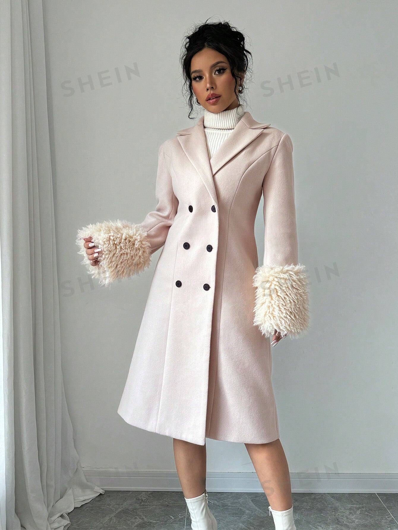 Elenzya Women's Furry Cuff Waist Wool Blend Coat