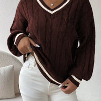Striped Cable Knit Lantern Sleeve Sweater