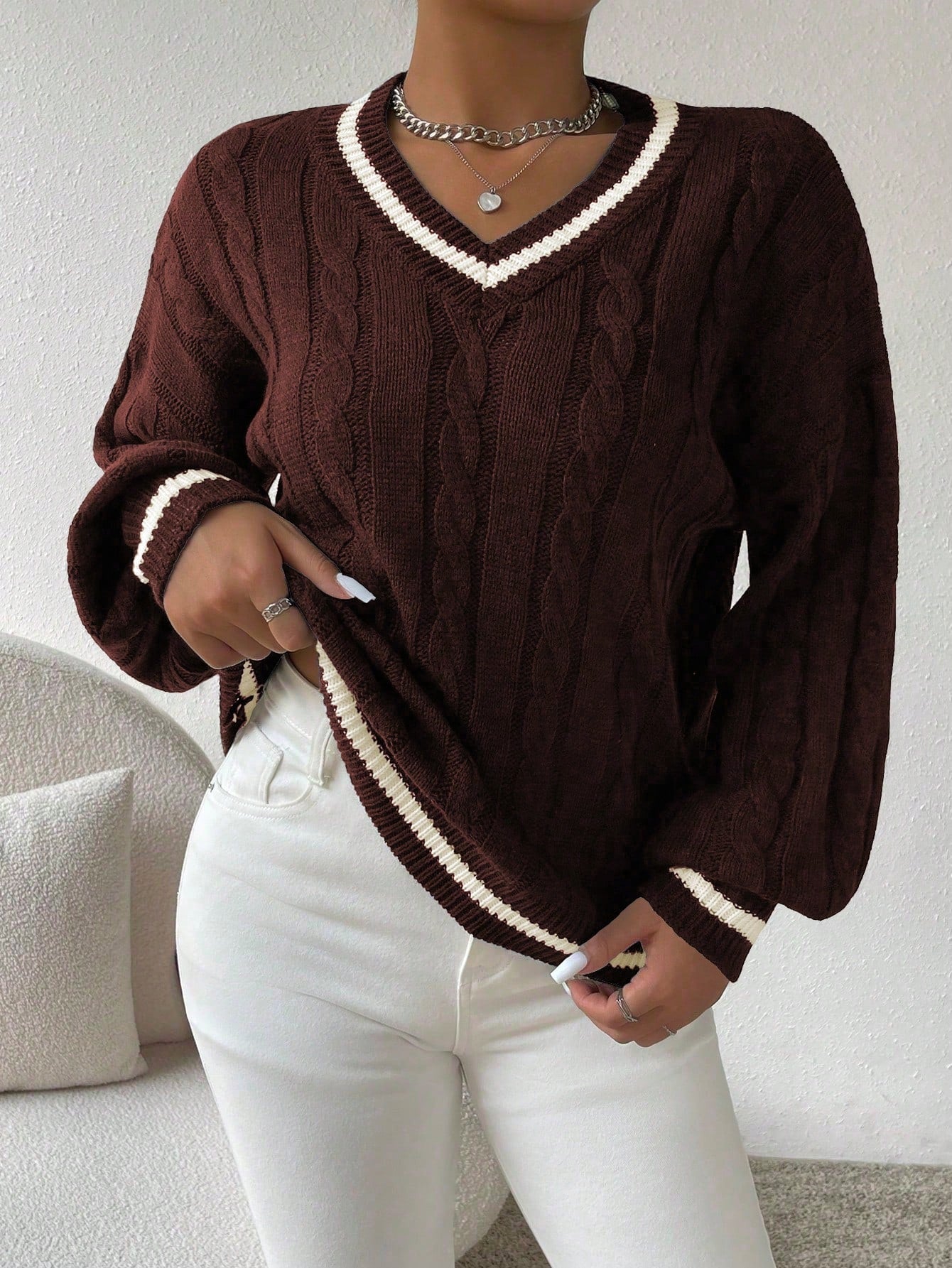 Striped Cable Knit Lantern Sleeve Sweater