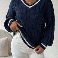 Striped Cable Knit Lantern Sleeve Sweater