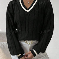 Striped Cable Knit Lantern Sleeve Sweater
