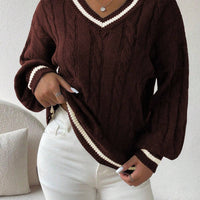 Striped Cable Knit Lantern Sleeve Sweater