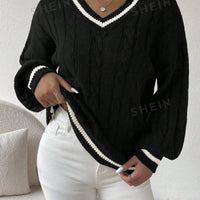 Striped Cable Knit Lantern Sleeve Sweater