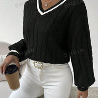 Striped Cable Knit Lantern Sleeve Sweater