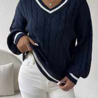 Striped Cable Knit Lantern Sleeve Sweater