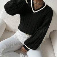 Striped Cable Knit Lantern Sleeve Sweater