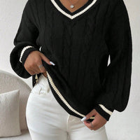 Striped Cable Knit Lantern Sleeve Sweater