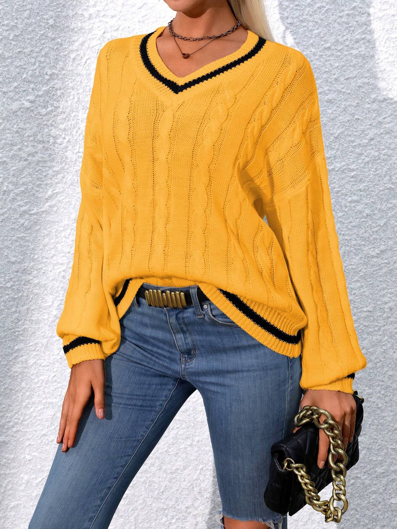 Striped Cable Knit Lantern Sleeve Sweater