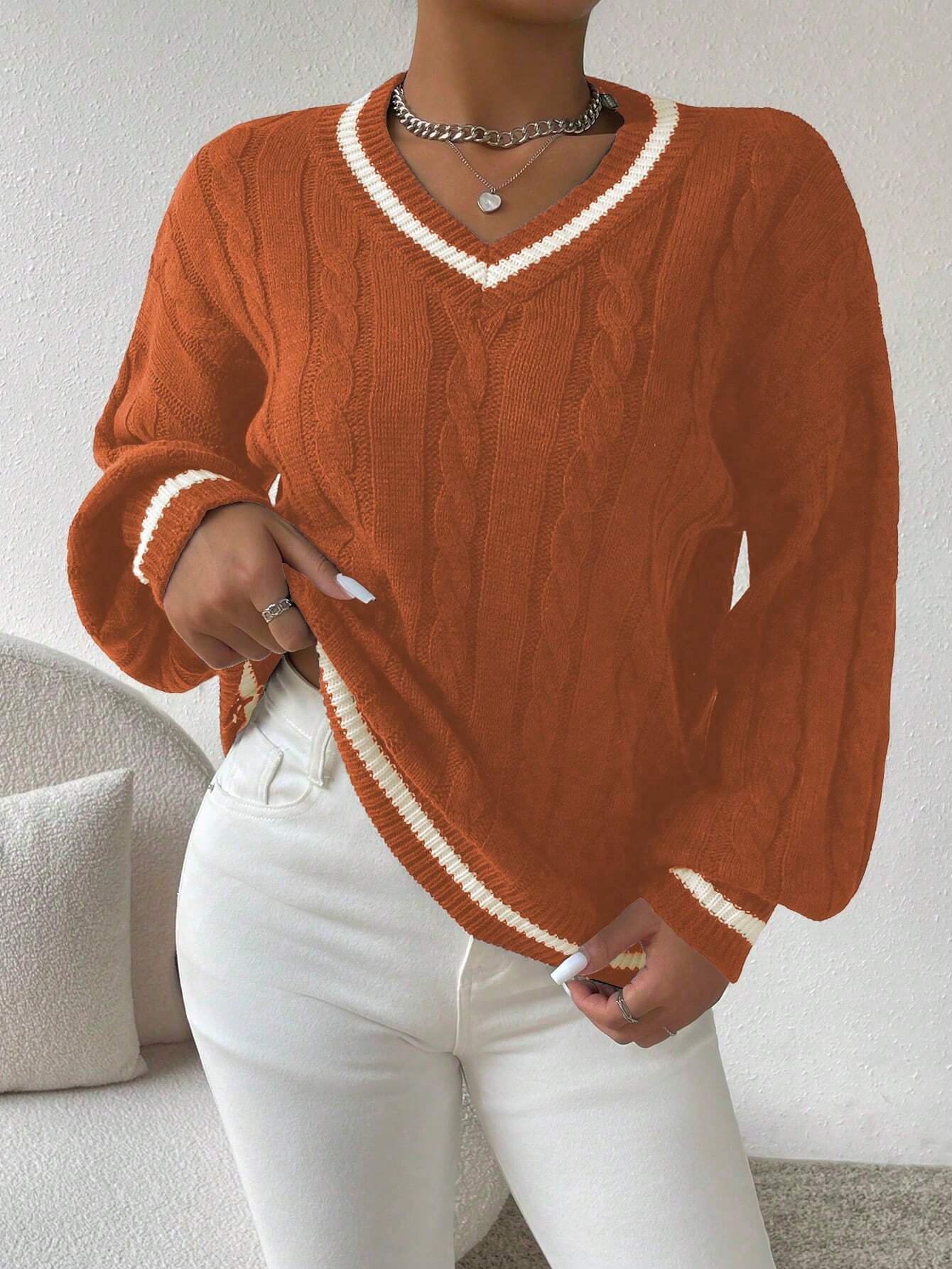 Striped Cable Knit Lantern Sleeve Sweater