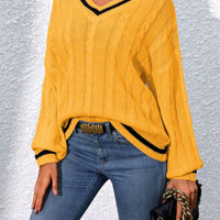 Striped Cable Knit Lantern Sleeve Sweater