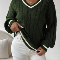 Striped Cable Knit Lantern Sleeve Sweater
