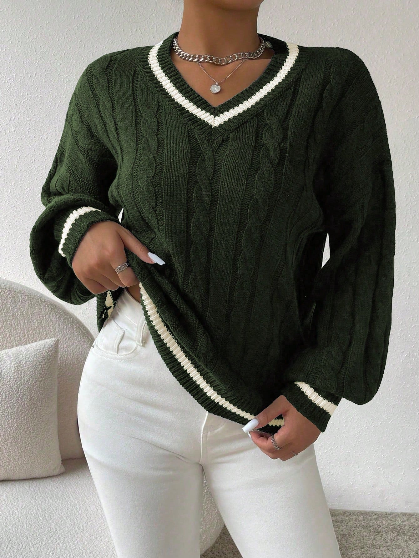 Striped Cable Knit Lantern Sleeve Sweater