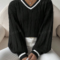 Striped Cable Knit Lantern Sleeve Sweater