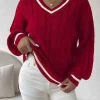 Striped Cable Knit Lantern Sleeve Sweater