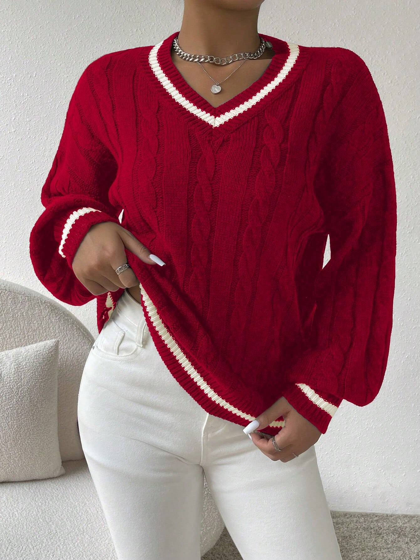 Striped Cable Knit Lantern Sleeve Sweater