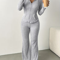 2pcs Set Women's Solid Color Hooded Zipper Top and Casual Trousers