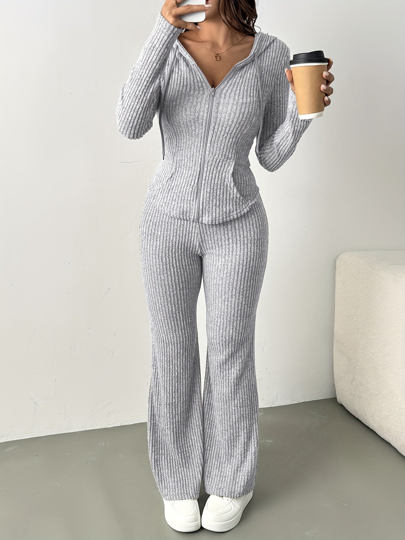 2pcs Set Women's Solid Color Hooded Zipper Top and Casual Trousers