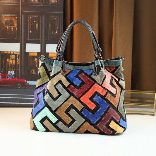 Genuine Leather Geometric Print Tote Bag