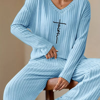 Letter Print Ribbed V-Neck Set