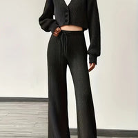 Knit V-Neck Cardigan & Wide Leg Pants Set - Casual Tracksuit