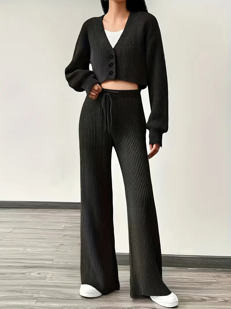 Knit V-Neck Cardigan & Wide Leg Pants Set - Casual Tracksuit