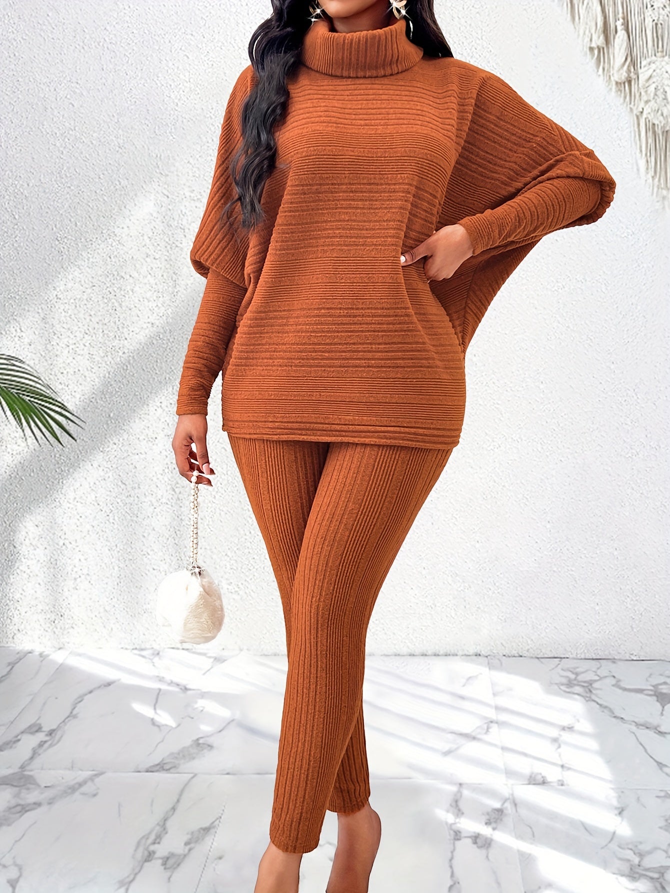 Elegant Solid Stand Collar Long Sleeve Knit Pants Set - Fall/Winter