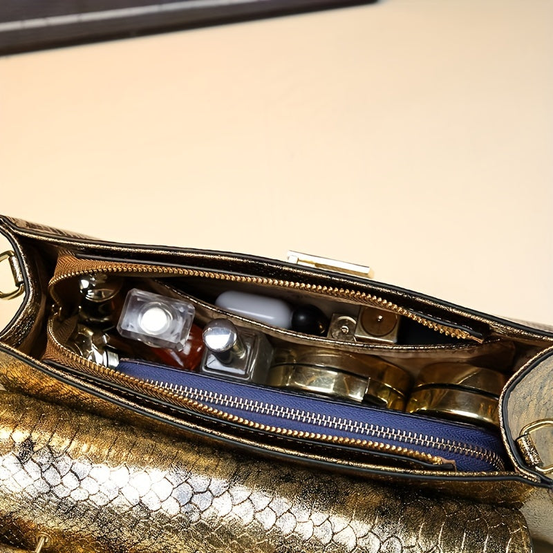 Retro Laser Snake-Pattern Handbag - Adjustable Strap