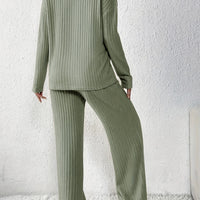 Letter Print Ribbed V-Neck Set