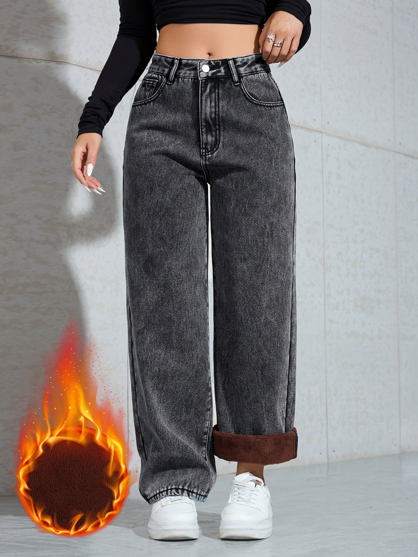 Women's Warm Fleece-Lined Wide-Leg Jeans