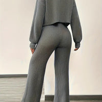 Knit V-Neck Cardigan & Wide Leg Pants Set - Casual Tracksuit