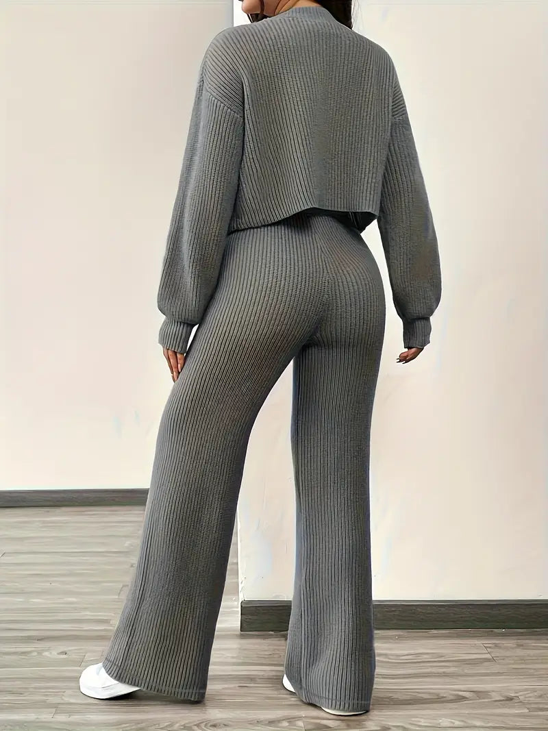 Knit V-Neck Cardigan & Wide Leg Pants Set - Casual Tracksuit