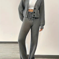 Knit V-Neck Cardigan & Wide Leg Pants Set - Casual Tracksuit