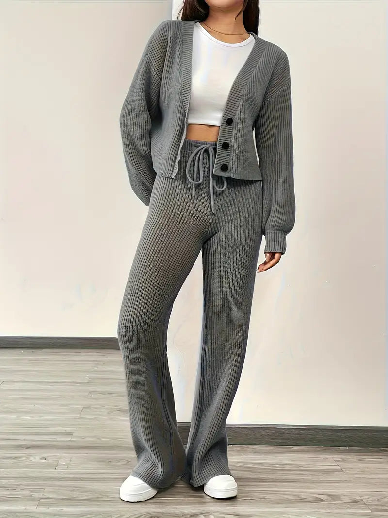 Knit V-Neck Cardigan & Wide Leg Pants Set - Casual Tracksuit