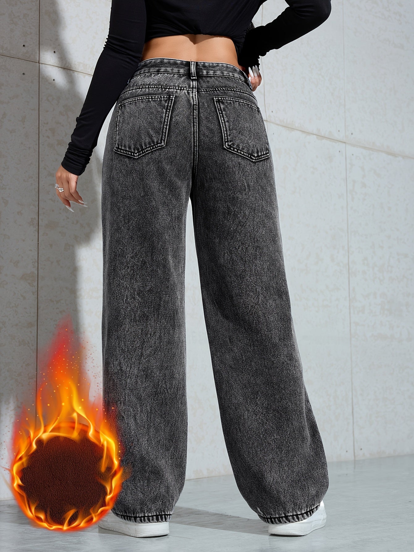 Women's Warm Fleece-Lined Wide-Leg Jeans