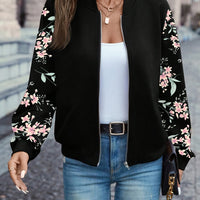 Elegant Floral Print Zip-Up Jacket | Baseball Collar
