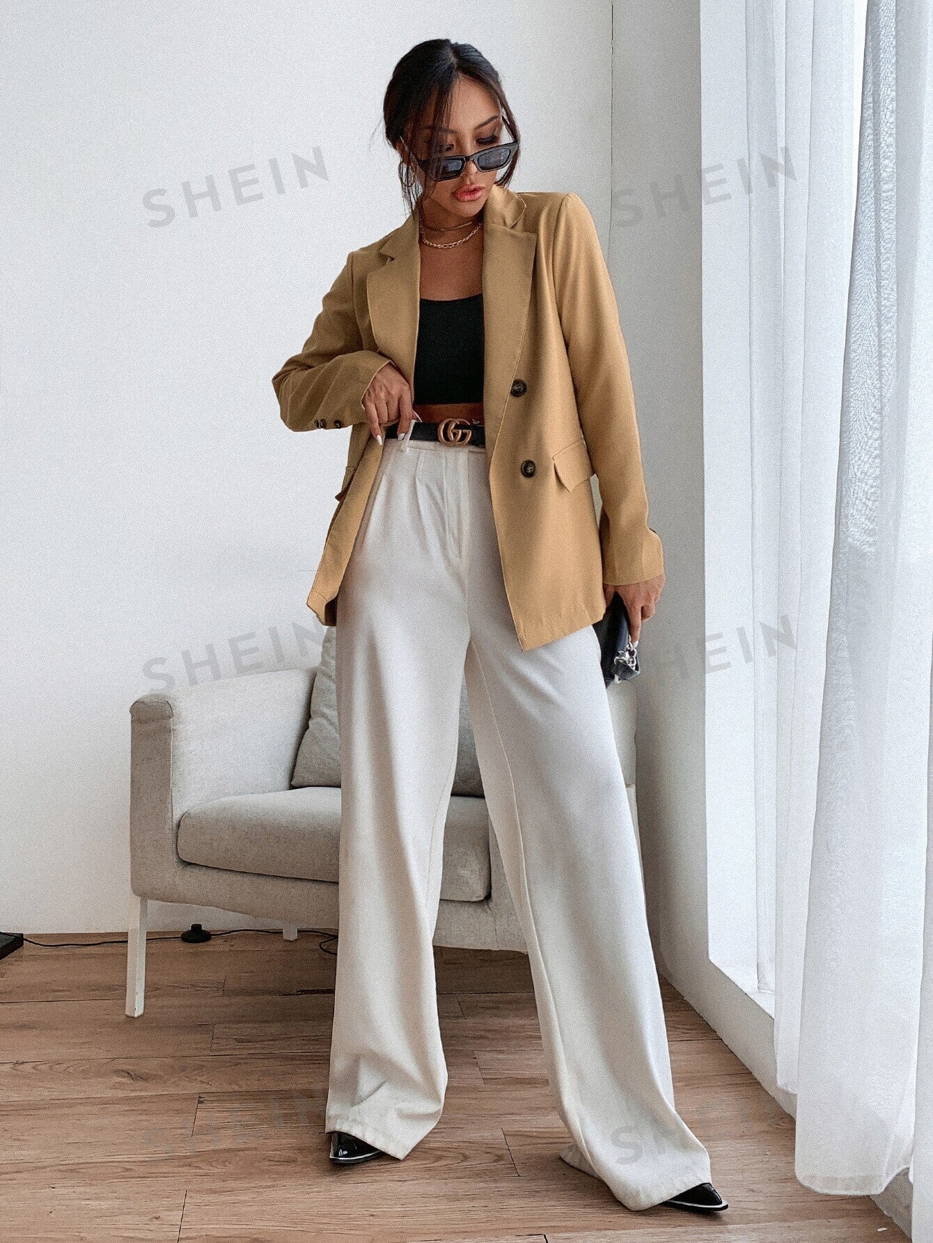 Frenchy Double Button Lapel Collar Blazer