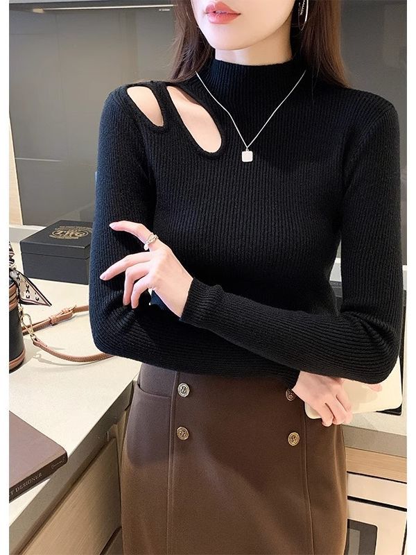 Hollow Knit Semi-Turtleneck Top