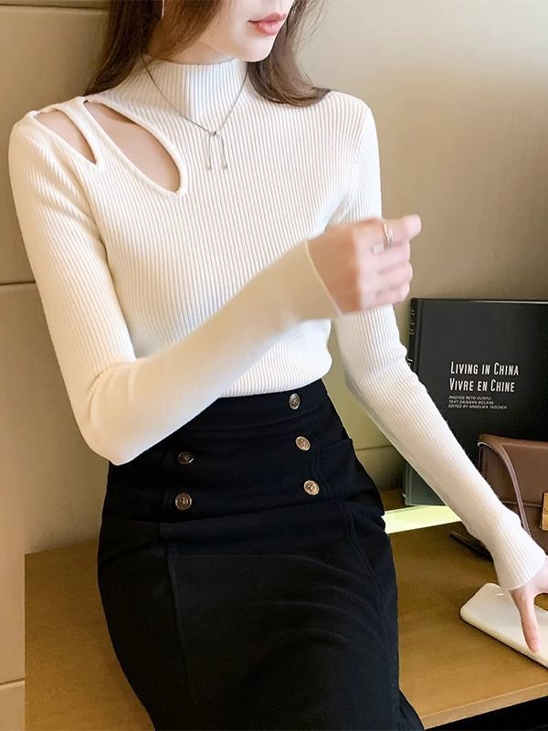 Hollow Knit Semi-Turtleneck Top