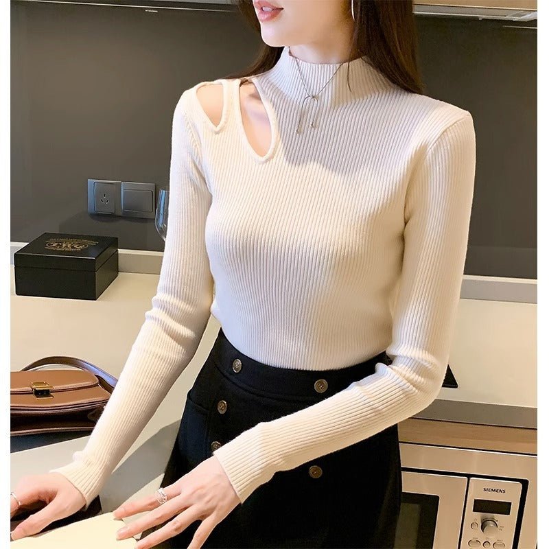 Hollow Knit Semi-Turtleneck Top